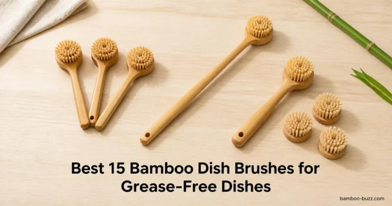 best bamboo dish brush trio: round palm pot brush, long-handle brush, and bamboo brush with three refill heads on light wood with a bamboo stalk