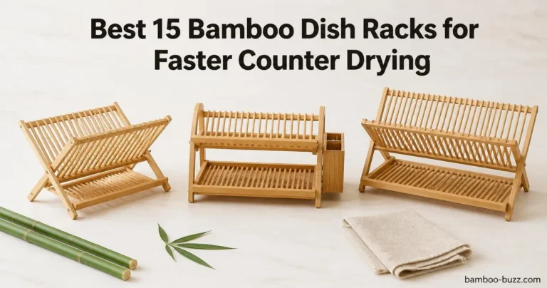 best bamboo dish rack: three bamboo racks (folding, 2-tier) flatlay on light wood with bamboo stalks