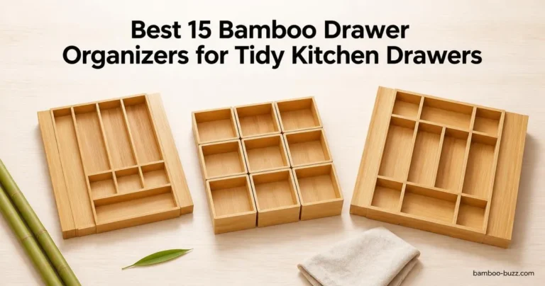 best bamboo drawer organizer: 3 organizers (9-slot tray, modular bins, 10-compartment) flatlay on light wood with bamboo stalk