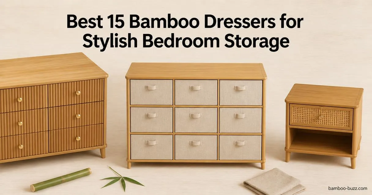 best bamboo dresser: fluted 6-drawer with gold knobs, 9-drawer fabric-frame, compact boho nightstand on light wood