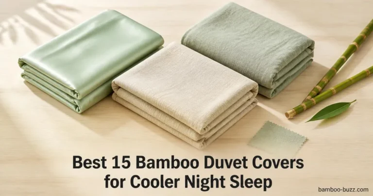 Bamboo duvet cover trio: three folded neutral duvets arranged in a flatlay on light wood with two bamboo stalks and a leaf