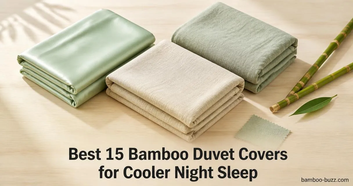 Bamboo duvet cover trio: three folded neutral duvets arranged in a flatlay on light wood with two bamboo stalks and a leaf