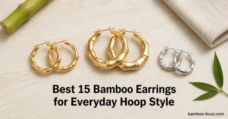 bamboo earrings: gold 18K hoop, large 90s door-knocker hoop and sterling silver gemstone hoop on light wood with a bamboo stalk and linen