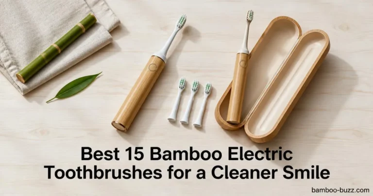 best bamboo electric toothbrush: two bamboo-handle sonic brushes with replacement heads and an open travel case on light wood