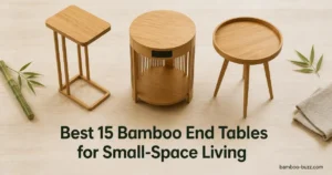 best bamboo end table: narrow, round charging, mid-century round tables on light wood with bamboo stalk, linen