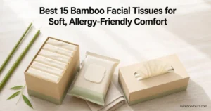 best bamboo facial tissues: three tissue packs (box, wet/dry pouch, unbleached flat box) with bamboo sprig on light wood