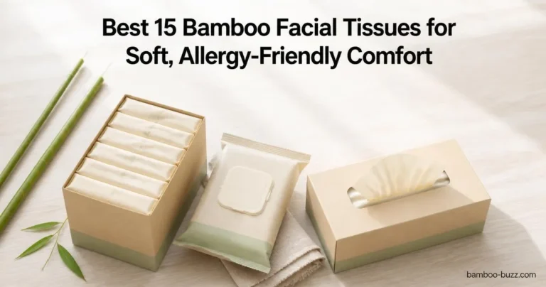 best bamboo facial tissues: three tissue packs (box, wet/dry pouch, unbleached flat box) with bamboo sprig on light wood