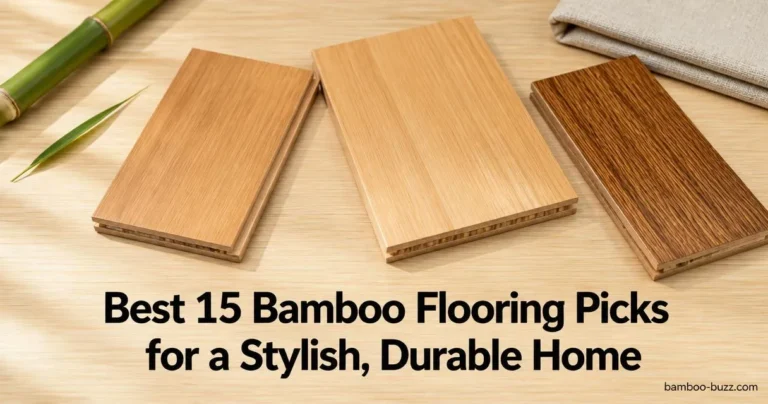 best bamboo flooring samples: solid, wide-plank, and carbonized plank swatches on light wood with a bamboo stalk and linen