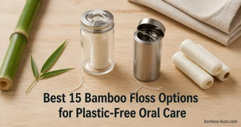 best bamboo floss: glass jar floss, steel dispenser and bamboo refill rolls on light wood with a bamboo stalk and leaf