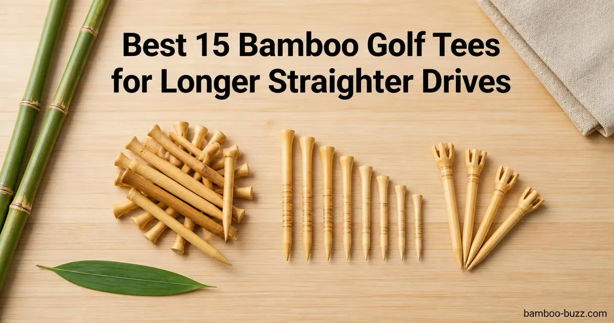 best bamboo golf tees flatlay with three tee styles — assorted long and short, guided-height, and 4-prong — on light wood with bamboo stalk and leaf
