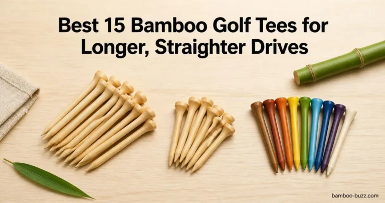 best bamboo golf tees: three stacks of bamboo tees (3¼" natural, 2¾" shorter, and a nine-color set) on light wood with a bamboo stalk and folded linen