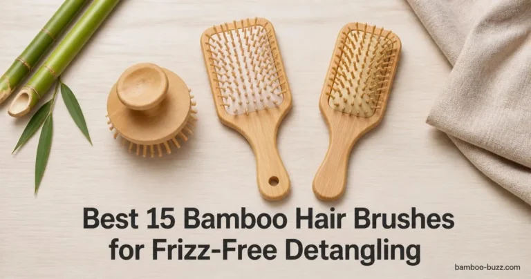 best bamboo hair brush trio: scalp massage brush, paddle detangler, pin paddle on light wood flatlay with bamboo stalks and linen