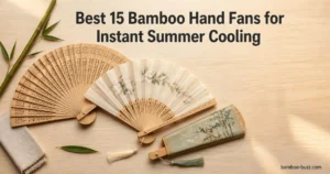 best bamboo hand fan, three folded silk and accordion-style bamboo fans arranged flatlay on light wood with a bamboo stalk and leaf