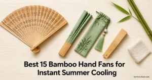 best bamboo hand fan: accordion, silk tassel pouch, and compact mini fans on light wood with bamboo stalk and linen