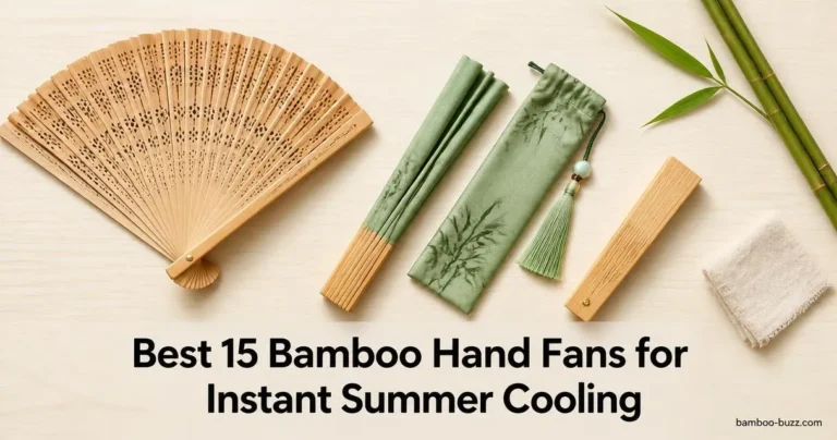 best bamboo hand fan: accordion, silk tassel pouch, and compact mini fans on light wood with bamboo stalk and linen