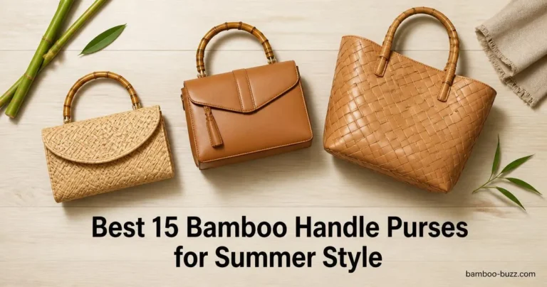 best bamboo handle purse: straw woven clutch, leather bamboo-handle satchel, woven leather tote on light wood