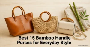 best bamboo handle purse: leather tote, straw round-handle tote, faux leather crossbody on light wood with a bamboo stalk