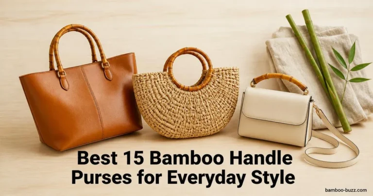 best bamboo handle purse: leather tote, straw round-handle tote, faux leather crossbody on light wood with a bamboo stalk