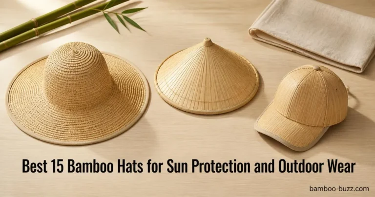 best bamboo hat: wide-brim sun hat, samurai conical sun hat, and casual urban cap flat on light wood with bamboo stalks and linen