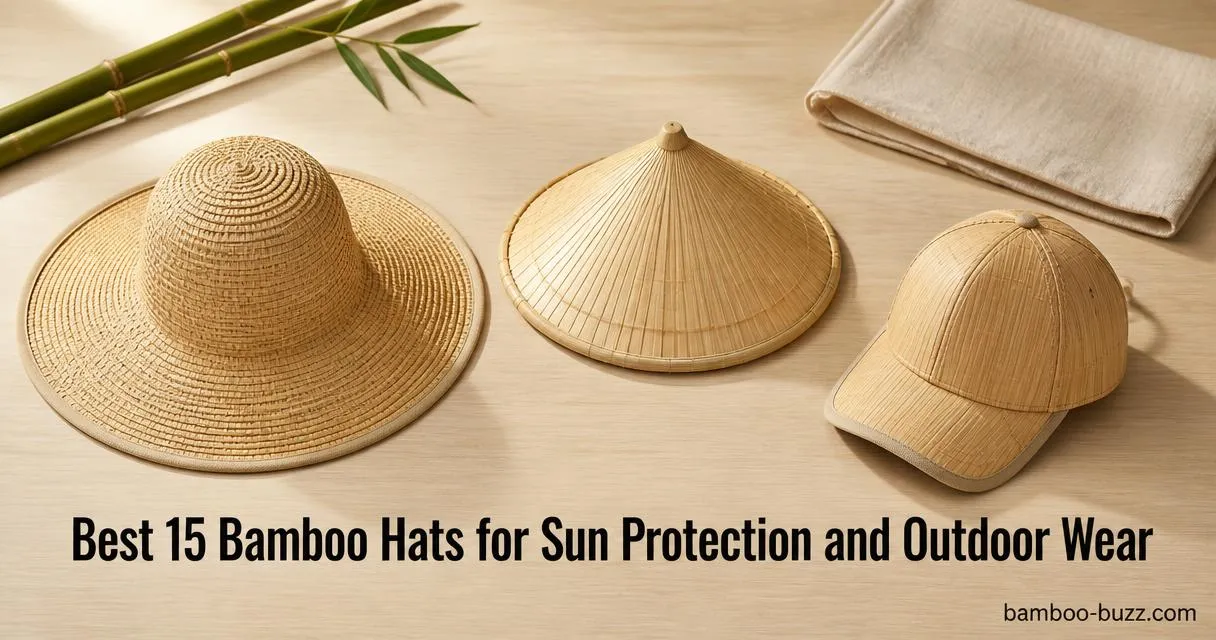 best bamboo hat: wide-brim sun hat, samurai conical sun hat, and casual urban cap flat on light wood with bamboo stalks and linen