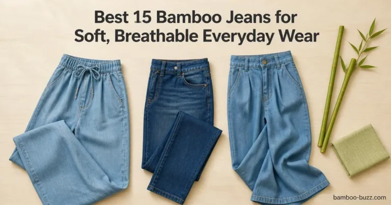 best bamboo jeans: three folded pairs—wide-leg Lyocell, low-rise skinny stretch, Tencel high-waist—on light wood with two bamboo stalks