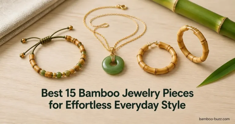 best bamboo jewelry: beaded boho bamboo bracelet, green jade pendant necklace and large bamboo hoop earrings on light wood flatlay with bamboo stalk and linen