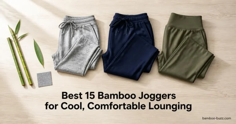 best bamboo joggers: three folded pairs (women's cooling, men's lightweight, women's high‑waist) with bamboo stalk and leaf on light wood