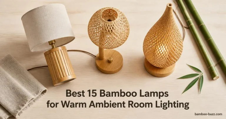 best bamboo lamp: three bamboo lamps (rustic farmhouse table, handwoven desk, teardrop boho table) on light wood with a bamboo stalk and folded linen