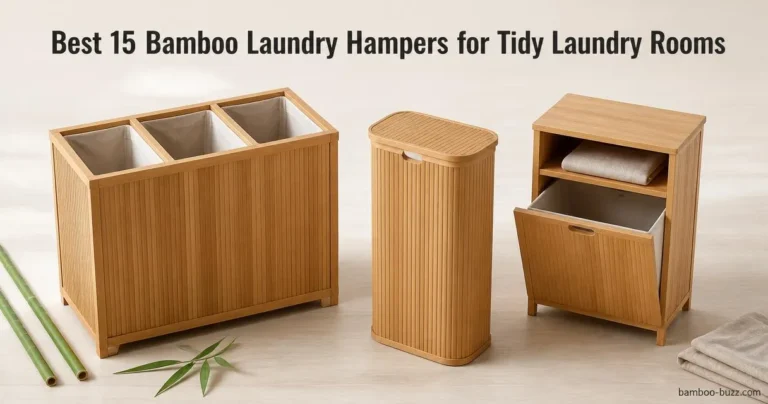 best bamboo laundry hamper flatlay with 4-compartment, slim 120L with lid, tilt-out cabinet on light wood with bamboo stalk