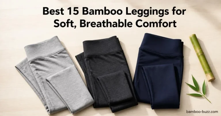 best bamboo leggings: three folded leggings (full-length, ultra-soft yoga, high-waisted) on light wood with a bamboo stalk and leaf