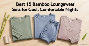 best bamboo loungewear: three folded sets—long sleeve, cooling jogger, lace-trim—flatlay on light wood with bamboo stalks