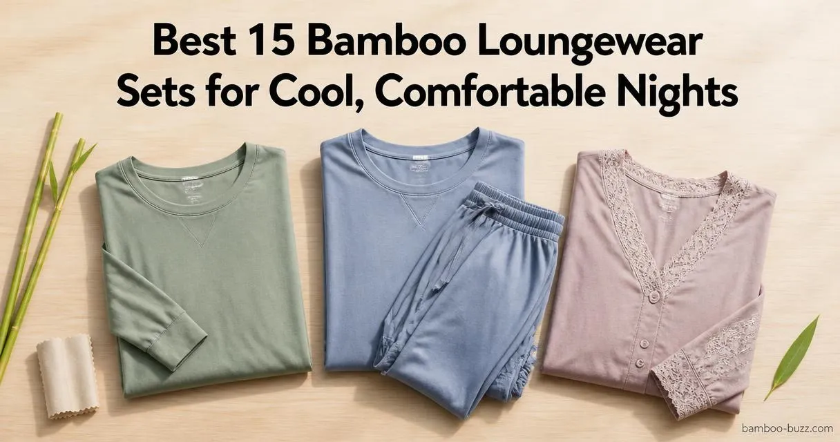 best bamboo loungewear: three folded sets—long sleeve, cooling jogger, lace-trim—flatlay on light wood with bamboo stalks