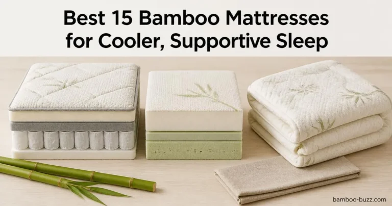 Best bamboo mattress samples: three unbranded mattress swatches with a folded topper and two bamboo stalks on light wood