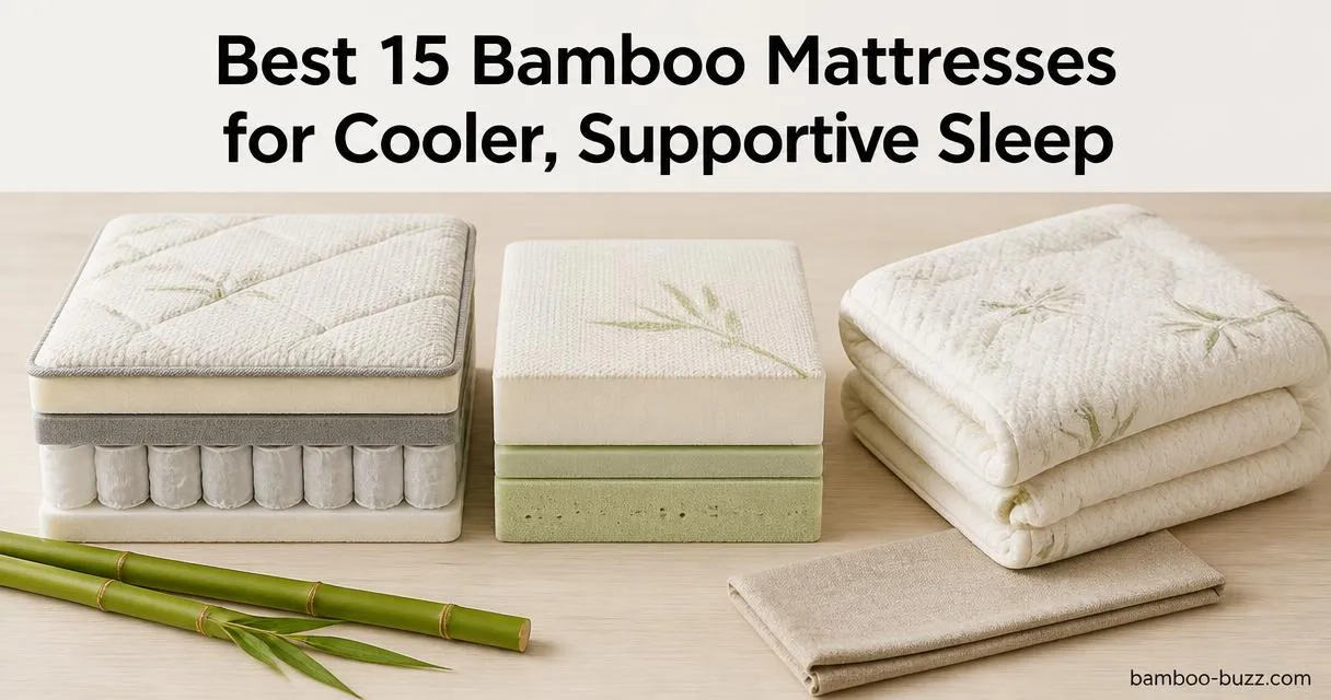 Best bamboo mattress samples: three unbranded mattress swatches with a folded topper and two bamboo stalks on light wood