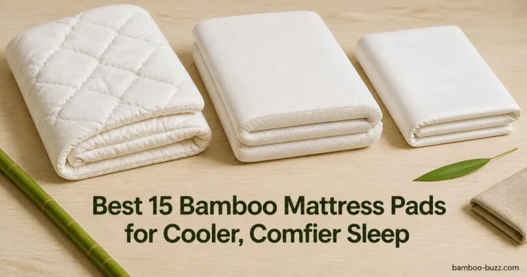 best bamboo mattress pad: two folded white quilted toppers and a folded waterproof protector on light wood with bamboo stalks and linen