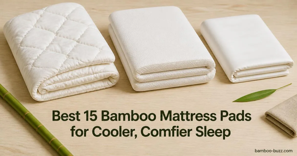 best bamboo mattress pad: two folded white quilted toppers and a folded waterproof protector on light wood with bamboo stalks and linen