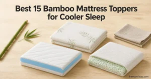 best bamboo mattress topper: three folded toppers (viscose, cooling-gel, shredded foam) on light wood with bamboo stalk