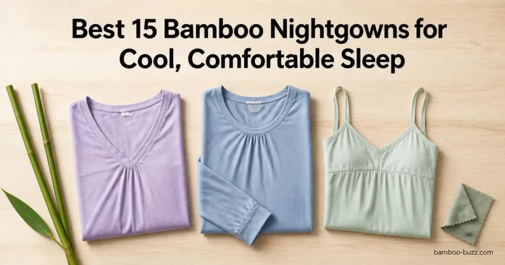 bamboo nightgowns flatlay with v-neck sleepshirt, long-sleeve nightgown and sleeveless chemise, bamboo stalks and leaf on light wood surface