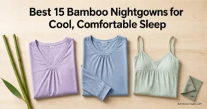 bamboo nightgowns flatlay with v-neck sleepshirt, long-sleeve nightgown and sleeveless chemise, bamboo stalks and leaf on light wood surface