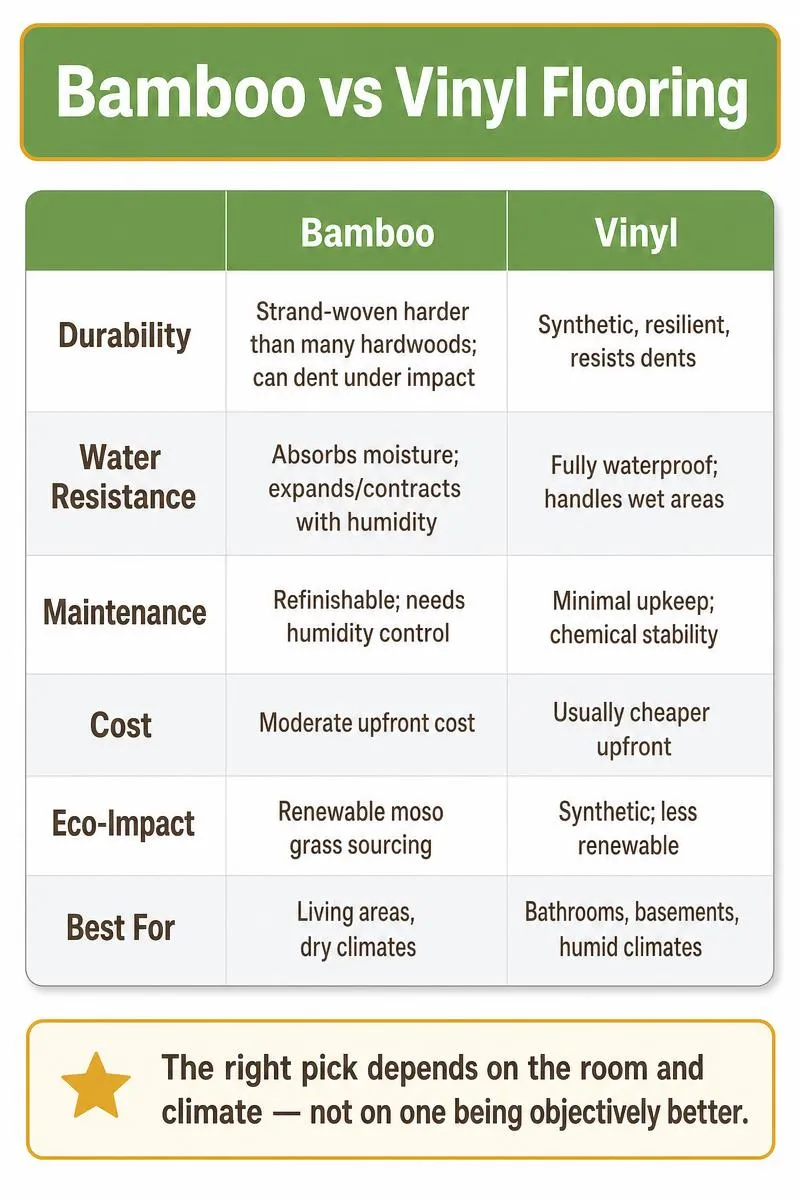 Infographic comparing bamboo vs vinyl flooring across durability, water resistance, cost, and eco-impact with a bottom tip.