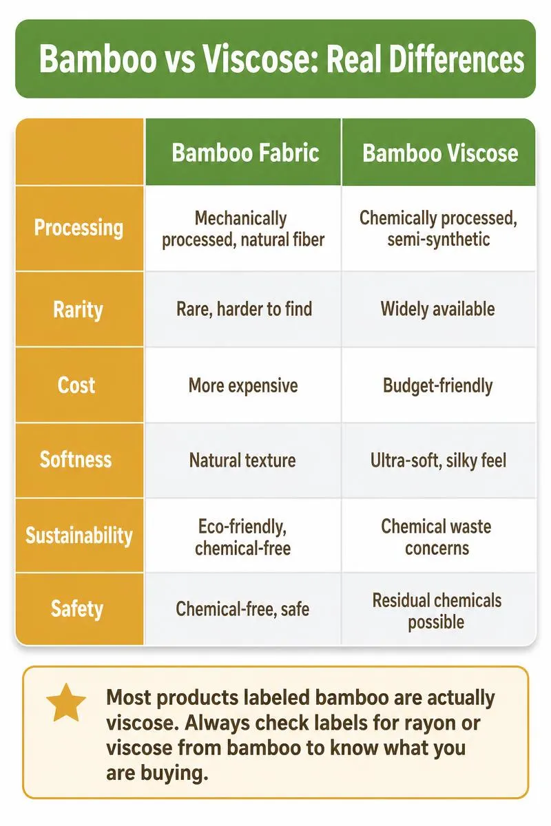 Infographic comparing bamboo fabric vs bamboo viscose on processing, cost, sustainability, and safety with a labeling tip.