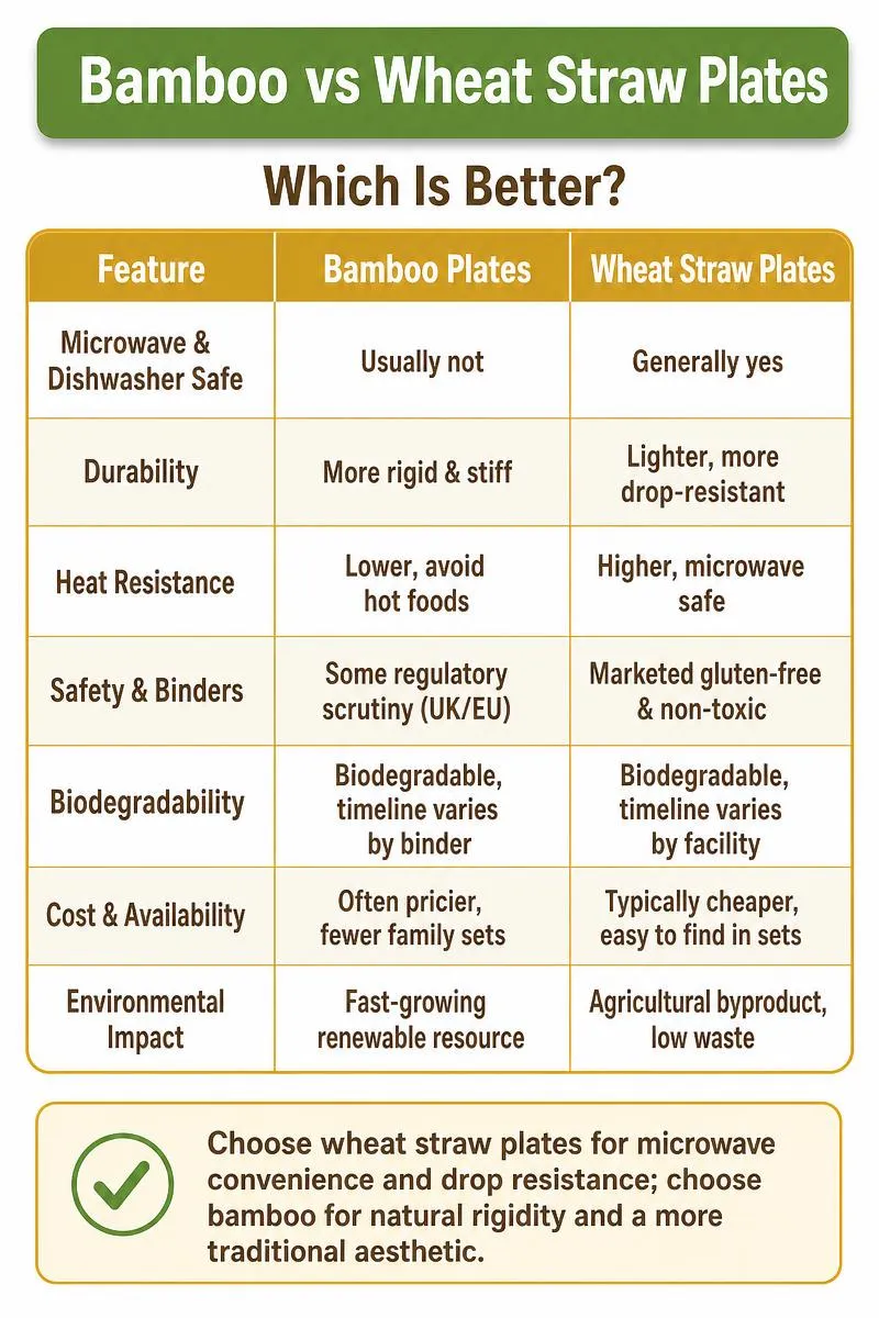 Infographic comparing bamboo vs wheat straw plates on heat resistance, durability, safety, environment, and cost.