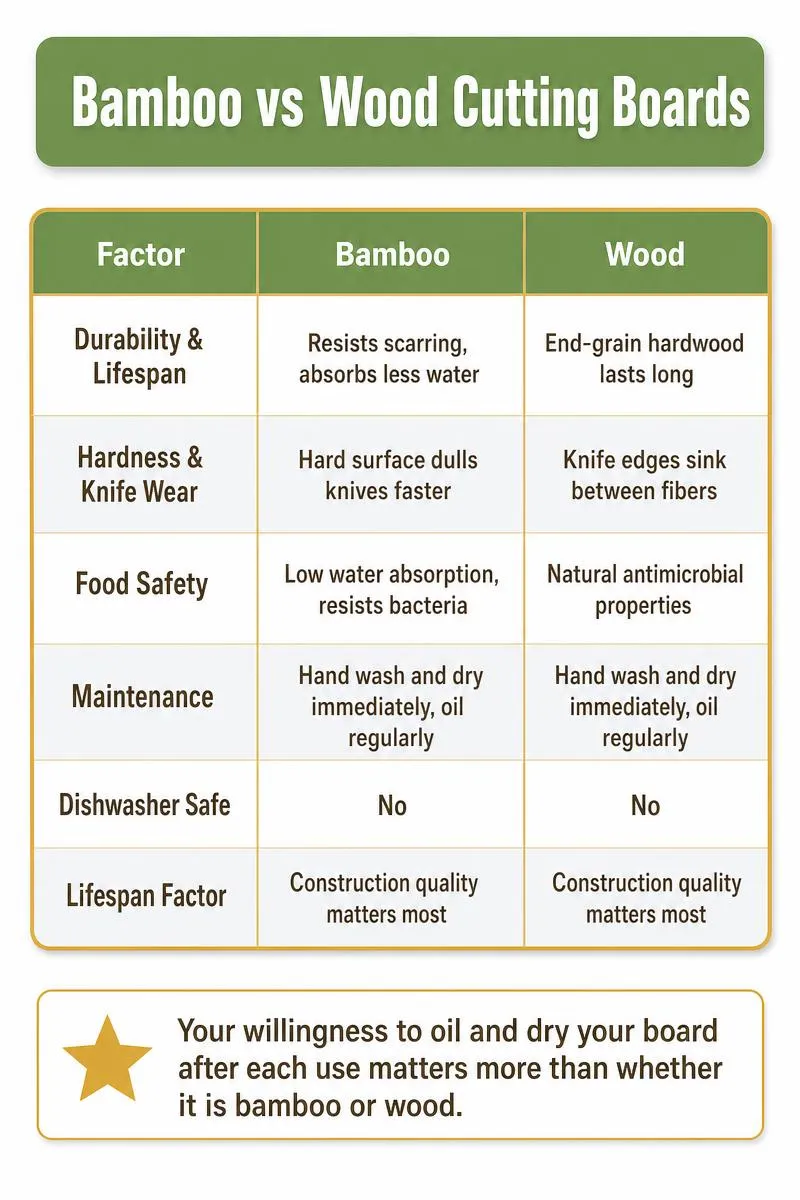 Infographic comparing bamboo vs wood cutting boards on durability, knife wear, safety, and maintenance with a key tip.