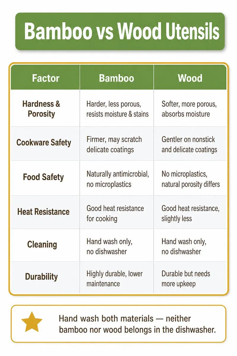 Comparison infographic of bamboo vs wood utensils covering durability, safety, heat resistance, and care tips.