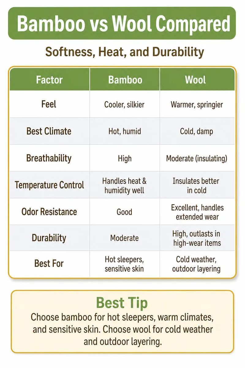 Bamboo vs Wool infographic comparing feel, climate, durability, and best uses in a clean table format.
