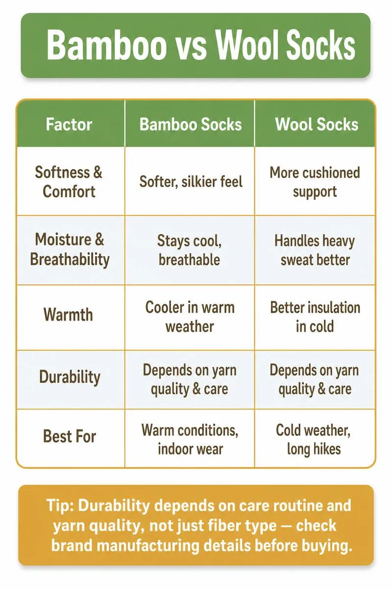 Infographic comparing bamboo vs wool socks across softness, moisture, warmth, durability, and best use cases
