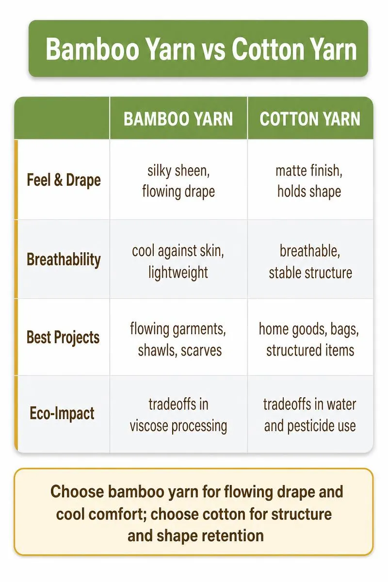 Infographic comparing bamboo yarn vs cotton yarn on feel, breathability, best projects, and eco-impact with a selection tip