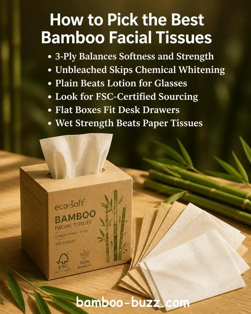 A kraft brown bamboo facial tissue box with a tissue pulled out, fanned-out tissues in tan and white tones, fresh bamboo stalks and leaves on a light wood surface - best bamboo facial tissues