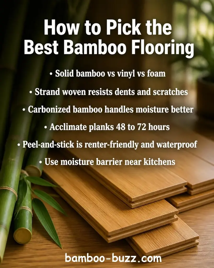 Bamboo flooring planks arranged in a staggered pattern on a light wood surface with bamboo stalks nearby, warm brown and green tones with bright natural light - best bamboo flooring