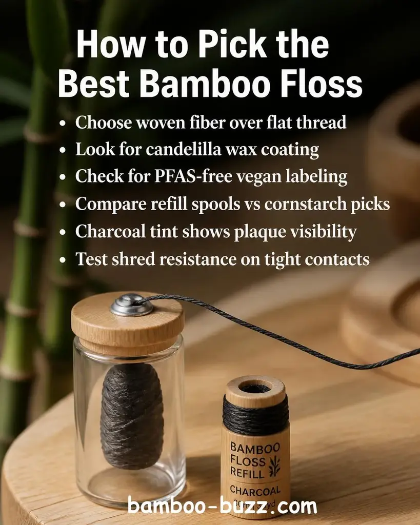 Glass floss dispenser with charcoal-black bamboo floss thread, a bamboo jar refill spool, and a loose strand of dark floss on a warm light wood surface with bamboo stalks in soft bokeh background - best bamboo floss